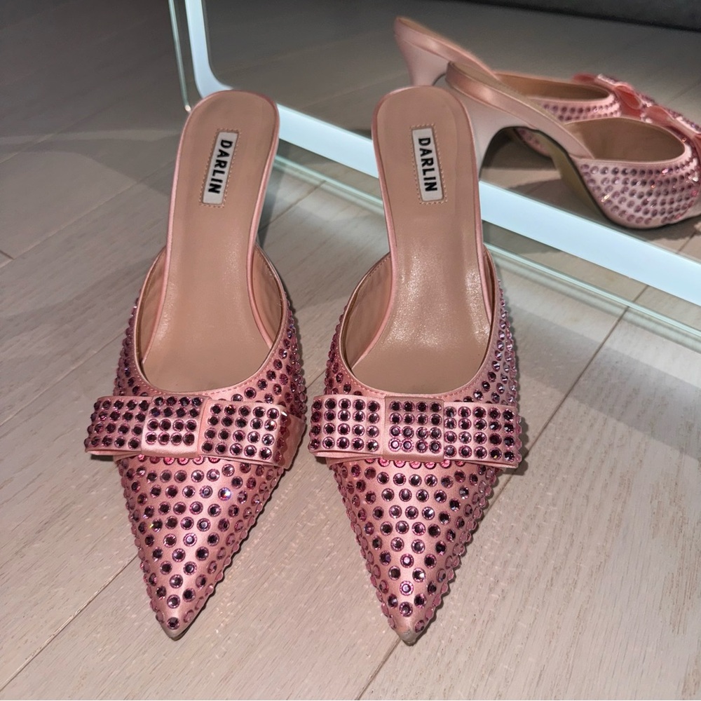Darlin Pink Bow Diamanté Women's Heel Mules - Picture 2 of 7